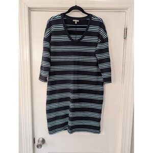 T by Talbots Women's Striped Shift Dress large Cotton Modal Navy Aqua Terry‎